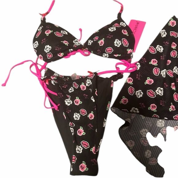 BETSEY JOHNSON 3 piece tie bikini Set Pink Black New - Picture 2 of 12